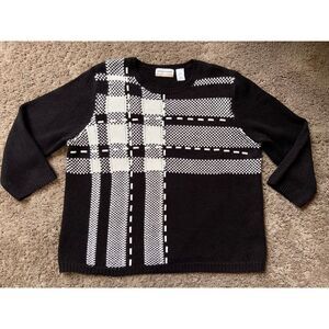 Vtg Alfred Dunner 80s 90s Blk White Plaid Houndstooth Beaded Sweater 3/4 Slv 2XL